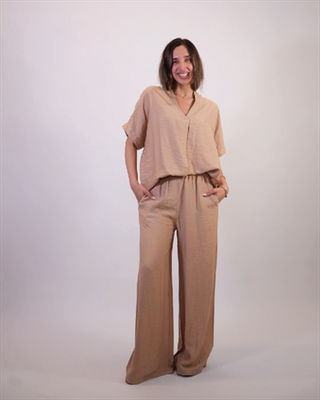 Linen oversized top with pants 26238, Beige, medium