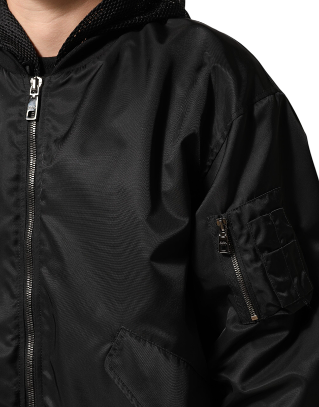 Black nylon hooded full zip bomber men jacket-null