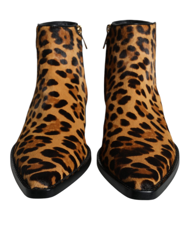 Brown leopard calf fur ankle boots shoes-null