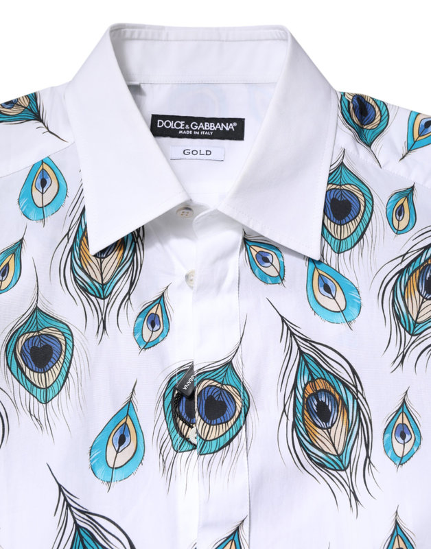 White cotton feather print gold dress shirt-null