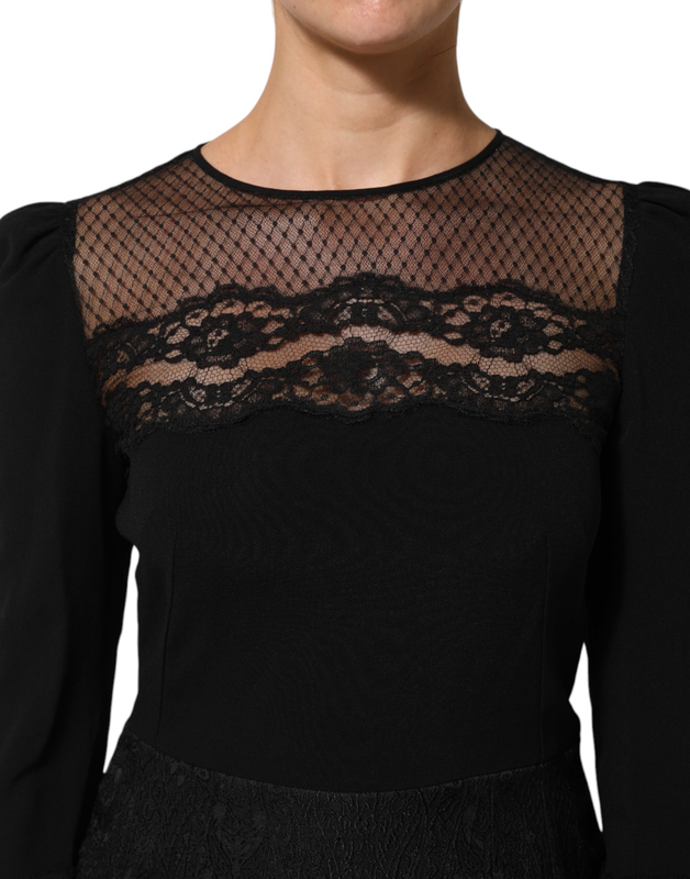 Black floral lace trim sheath a-line dress-null
