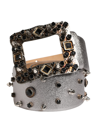Silver leather crystal metal buckle belt, Silver, medium