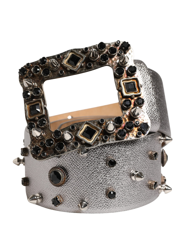 Silver leather crystal metal buckle belt-null