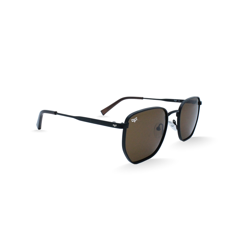 OJO sunglasses square black frame and temples with polarised brown lenses rx-null