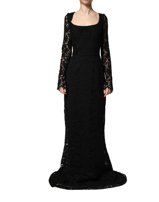 Black lace square neck longsleeve maxi dress, Black, medium
