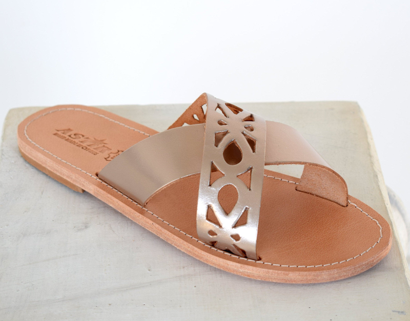 Ancient greek leather sandals, greek women slide sandals, leather sandals-null