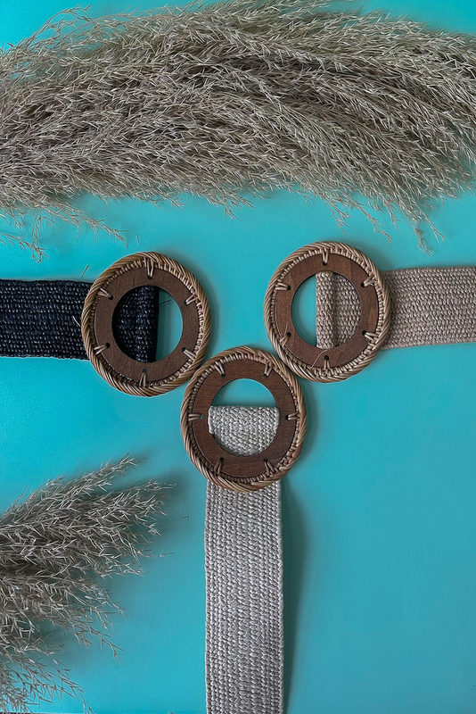 Round wooden buckle straw belt beige-null
