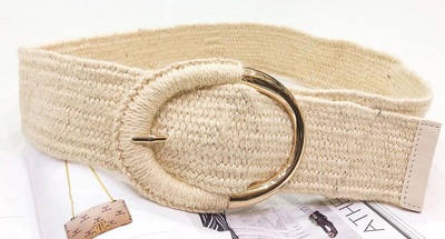 Oval buckle straw belt beige, Beige, medium
