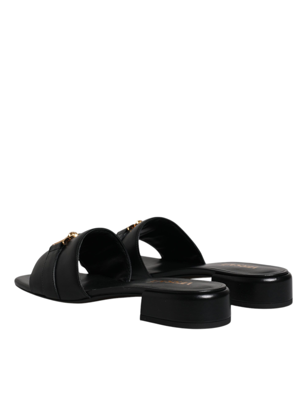 Black leather logo plaque slip on slides flats shoes-null