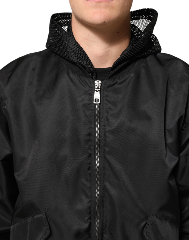 Black nylon hooded full zip bomber men jacket-null