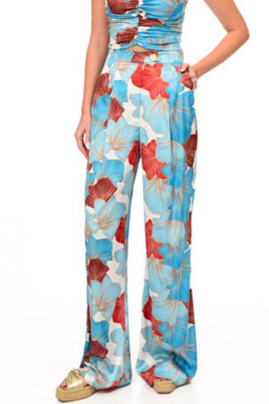Leaves print satin pants image number null