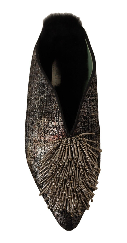 Gold jacquard leather embellished slip on shoes-null