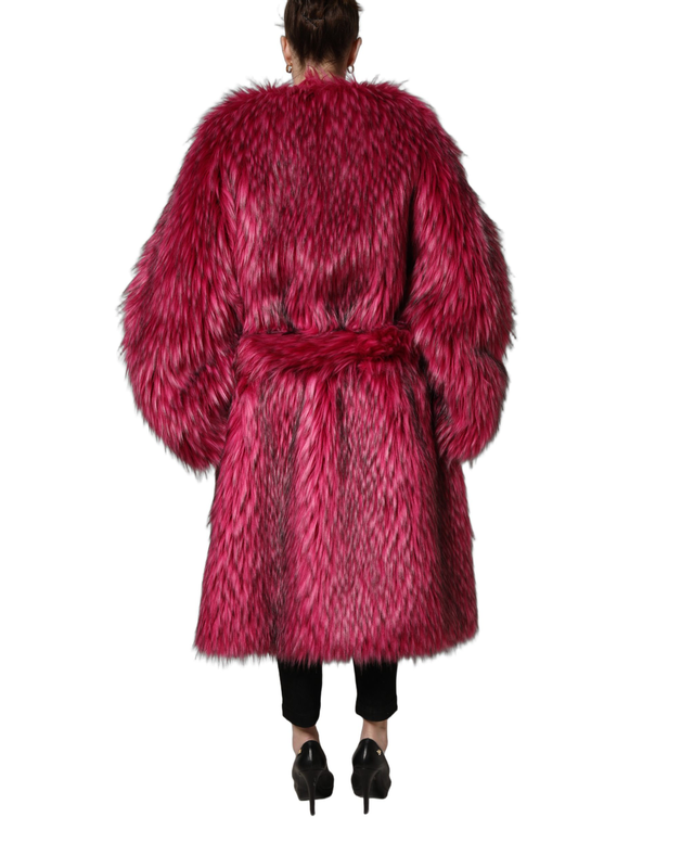 Fuchsia belted faux-fur trench coat jacket-null