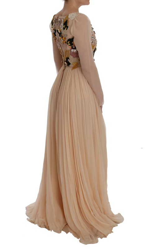 Pink silk floral crystal maxi gown dress-null