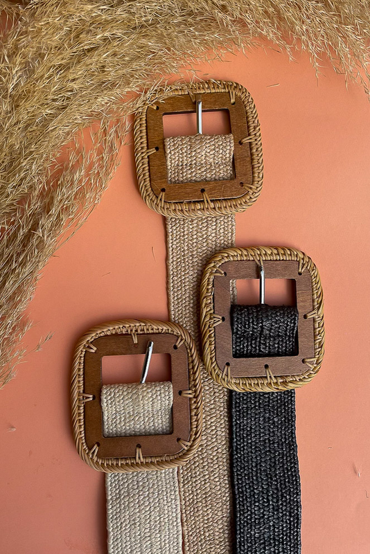 Wooden square buckle straw belt beige image number null