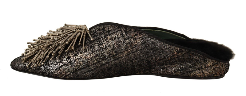 Gold jacquard leather embellished slip on shoes-null