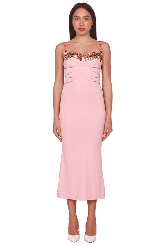 Midi dress with embroidered flowers-null