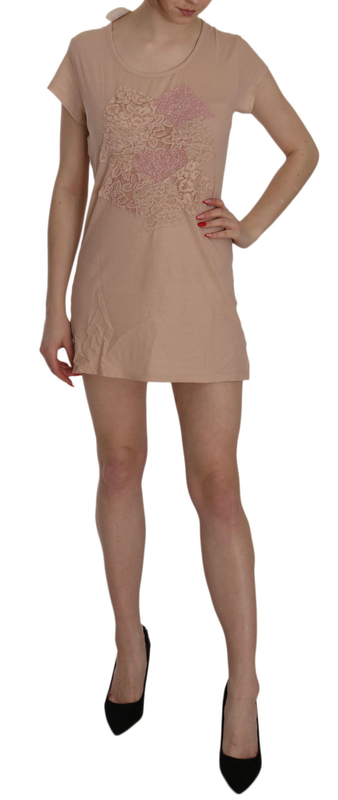 Pink lace short sleeve shift mini dress-null
