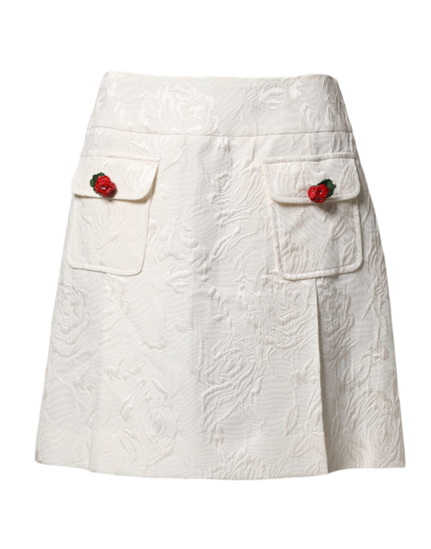White floral brocade high waist mini skirt-null