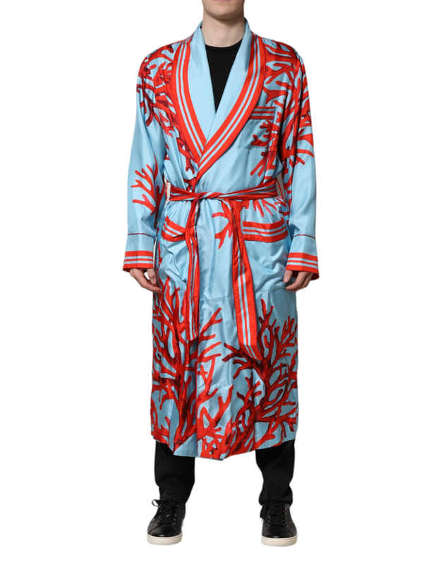 Blue red coral print wrap robe coat jacket-null