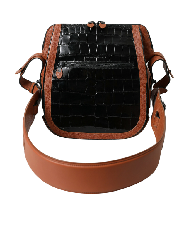 Black brown exotic skin leather vertical crossbody purse bag-null