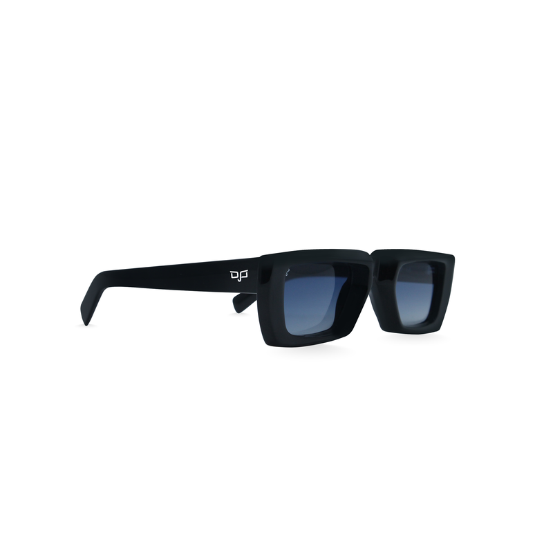OJO sunglasses square handmade black frame and temples with nylon blue polarised lenses image number null