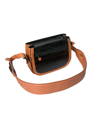 Black brown exotic skin leather shoulder camera purse bag, Black And Brown, medium
