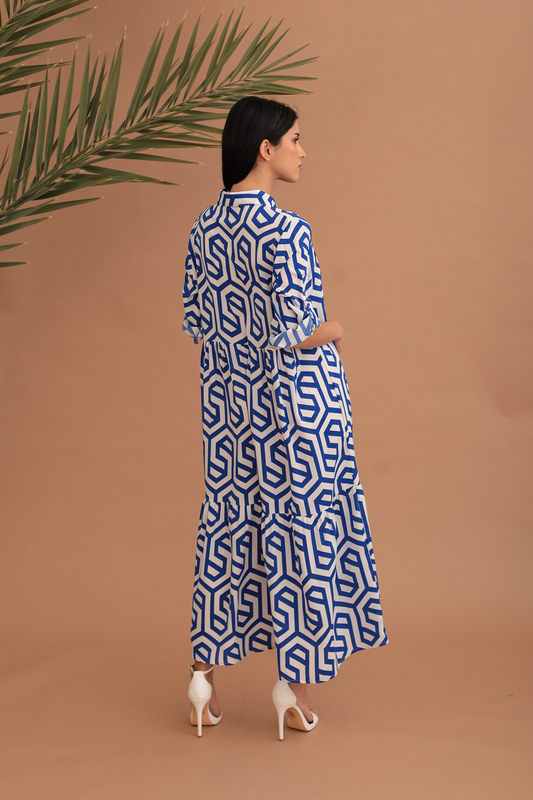 Freya geometric pattern dress - blue-null