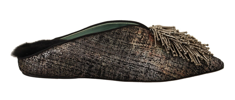 Gold jacquard leather embellished slip on shoes-null