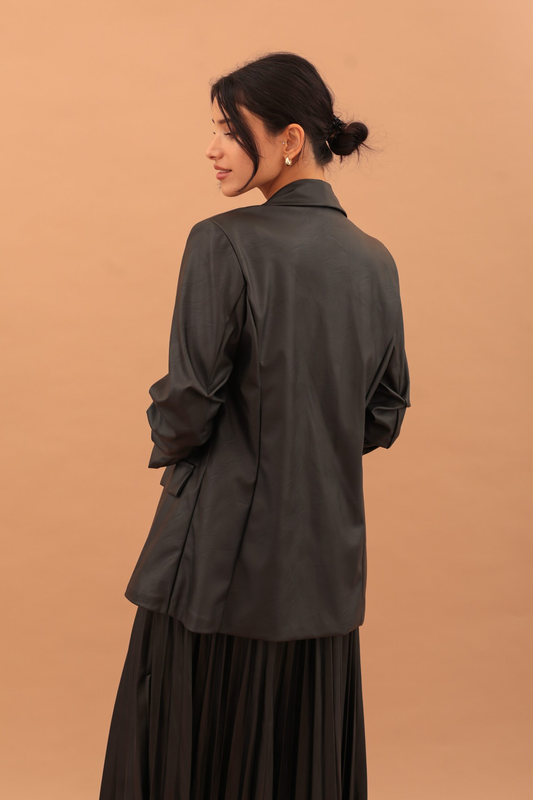 Mirabel faux leather ruffle sleeve blazer - black-null