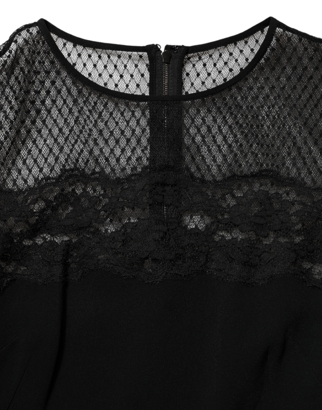 Black floral lace trim sheath a-line dress-null