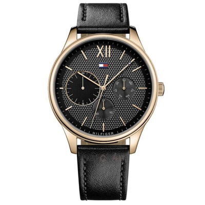 Tommy hilfiger mens multi dial quartz watch with leather strap 44mm, Black, medium