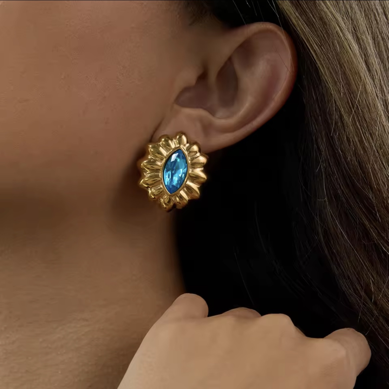 18k gold color stainless steel earrings - blue zircon-null