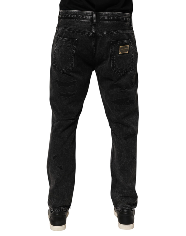 Black washed ripped loose cotton denim jeans-null