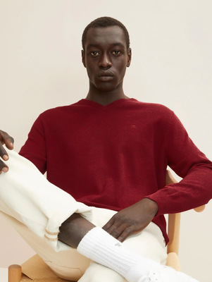 Basic v-neck s knit mens, Burgundy Melange, medium