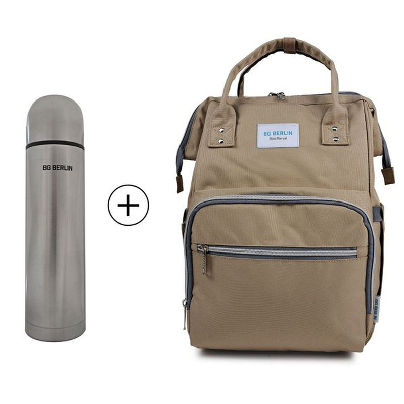 Bg berlin - mama bag & gift stainless steel bottle. Changing backpack, light blue diaper bag. image number null