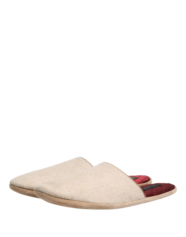 Beige shetland wool red quilted slippers shoes-null