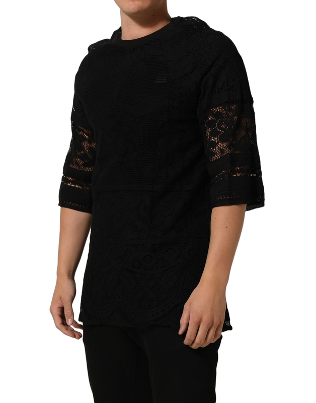 Black cotton floral lace crew neck t-shirt-null