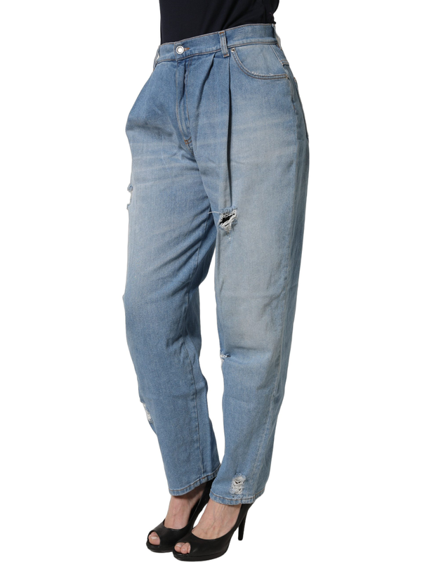 Blue distressed pleated cotton denim jeans-null