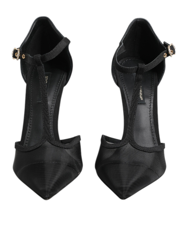 Black mesh t-strap stiletto high heels shoes-null