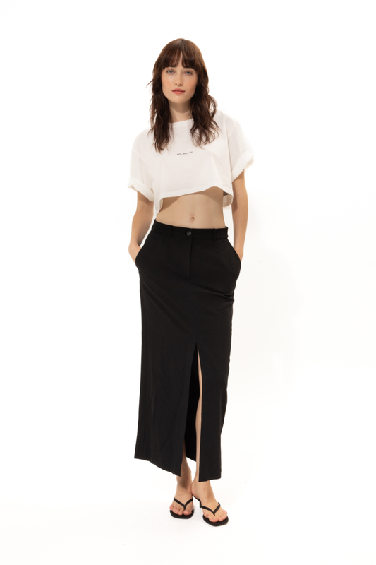 Black straight-line midi skirt-null