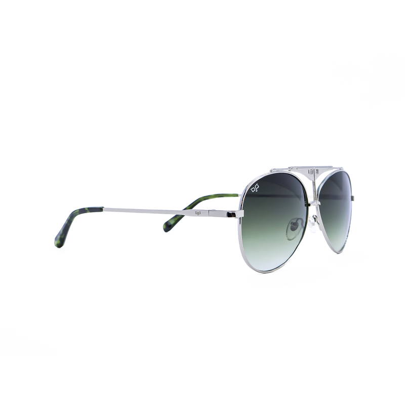 OJO man sunglasses silver frame and temples with blue tips and green gradient lenses rx-null