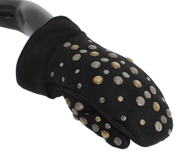 Gray wool shearling studded gloves-null