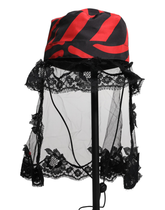 Black red stripes lace tulle bucket hat-null