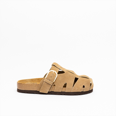 Reverse breathable suede caged flat clog sandals with comfort footbed  shock absorber, Beige, medium