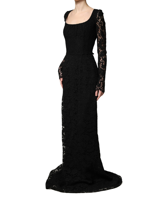 Black lace square neck longsleeve maxi dress-null