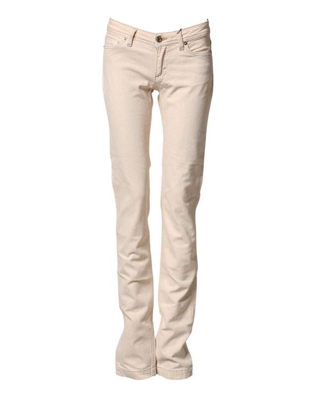 Beige low waist cotton slim fit denim trousers jeans-null