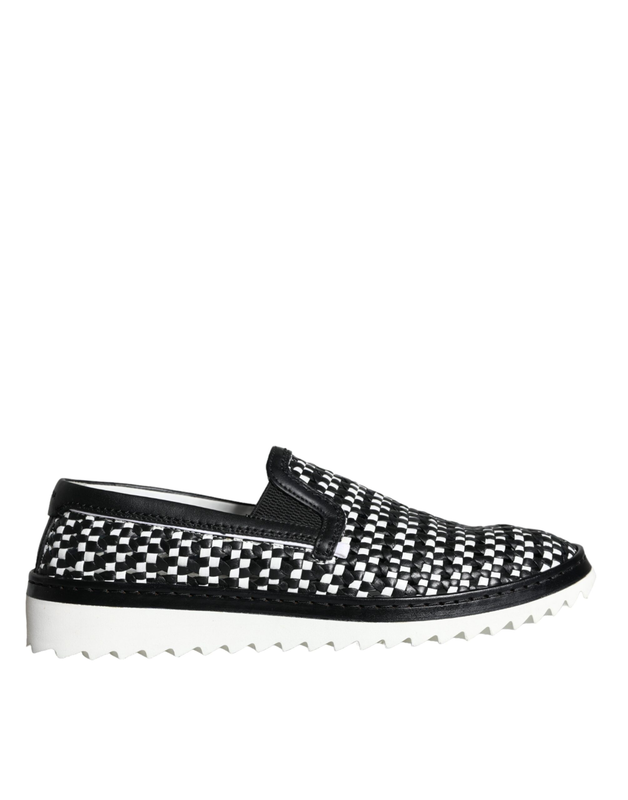 Black white weaved slip on men loafers shoes-null