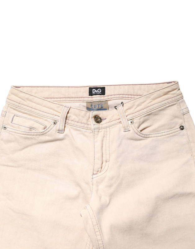 Beige low waist cotton slim fit denim trousers jeans-null