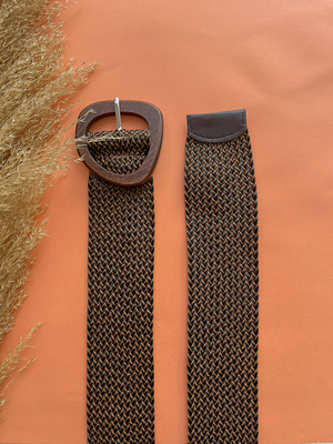 Wooven belt with wooden buckle brown/black